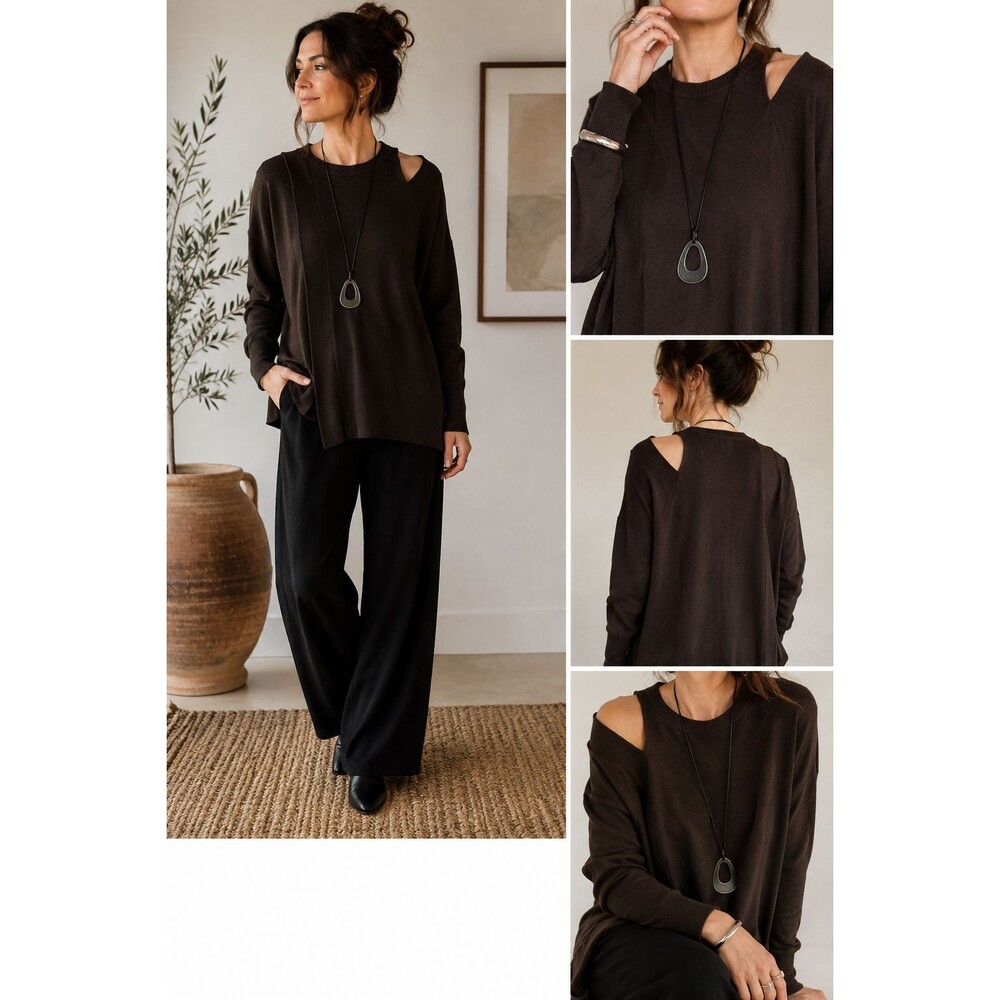 PLANET By Lauren G Brown Cold Shoulder Lagenlook Cotton & Modal Knit Sweater OS